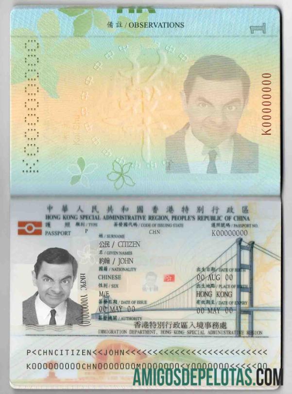 Passaporte de Hong Kong exemplo real